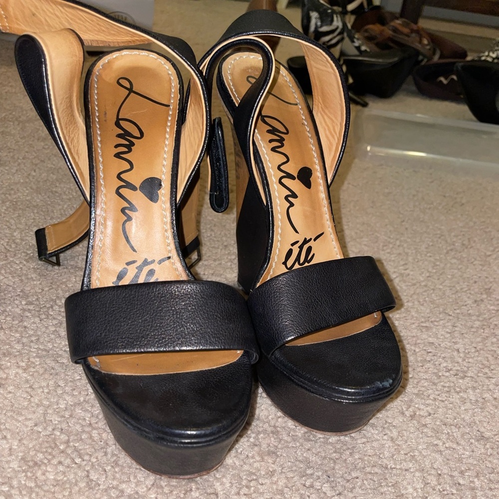 Lanvin Black Leather Wood Cheville Wedge Sandal Heel